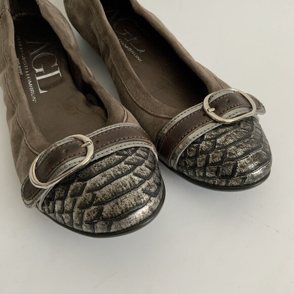 AGL Ballet Flats Size 37 Taupe Pewter Snake Cap-toe Buckle Front Shoe - Picture 11 of 12